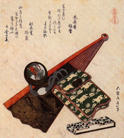 A Leather Pouch with Kagami Netsuke on a Partly Opened Fan by Katsushika Hokusai